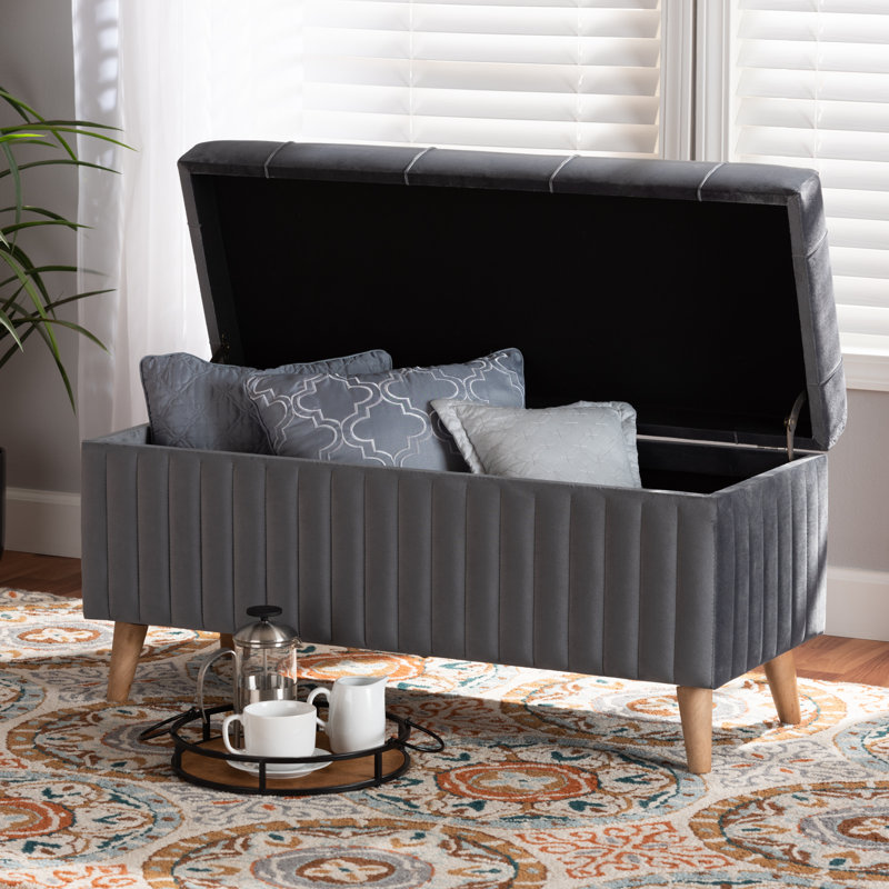 Repose-pieds de rangement rectangulaire en velours 39,4 po Chavers, Velours gris velours