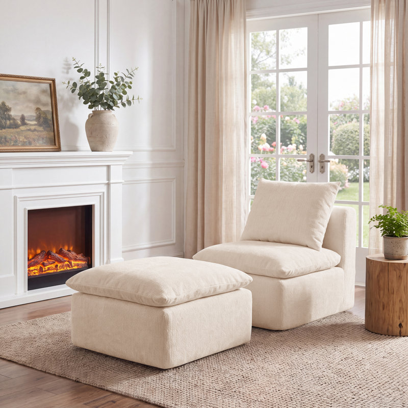 Ensemble fauteuil d'appoint et repose-pieds compressés, fauteuil moderne à assise profonde avec ressorts ensachés et coussin assorti, crème
