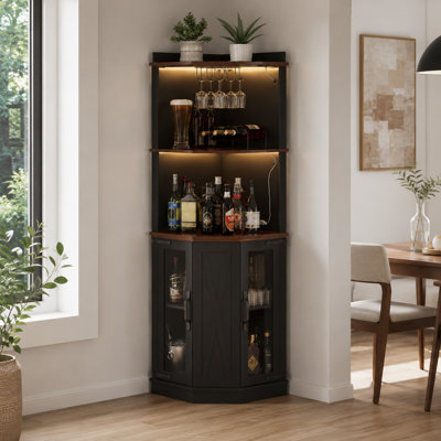 Armoire de bar 67,3 po avec lumières DEL, prise de courant, support en verre et tablettes réglables pour la salle à manger, la cuisine et le salon