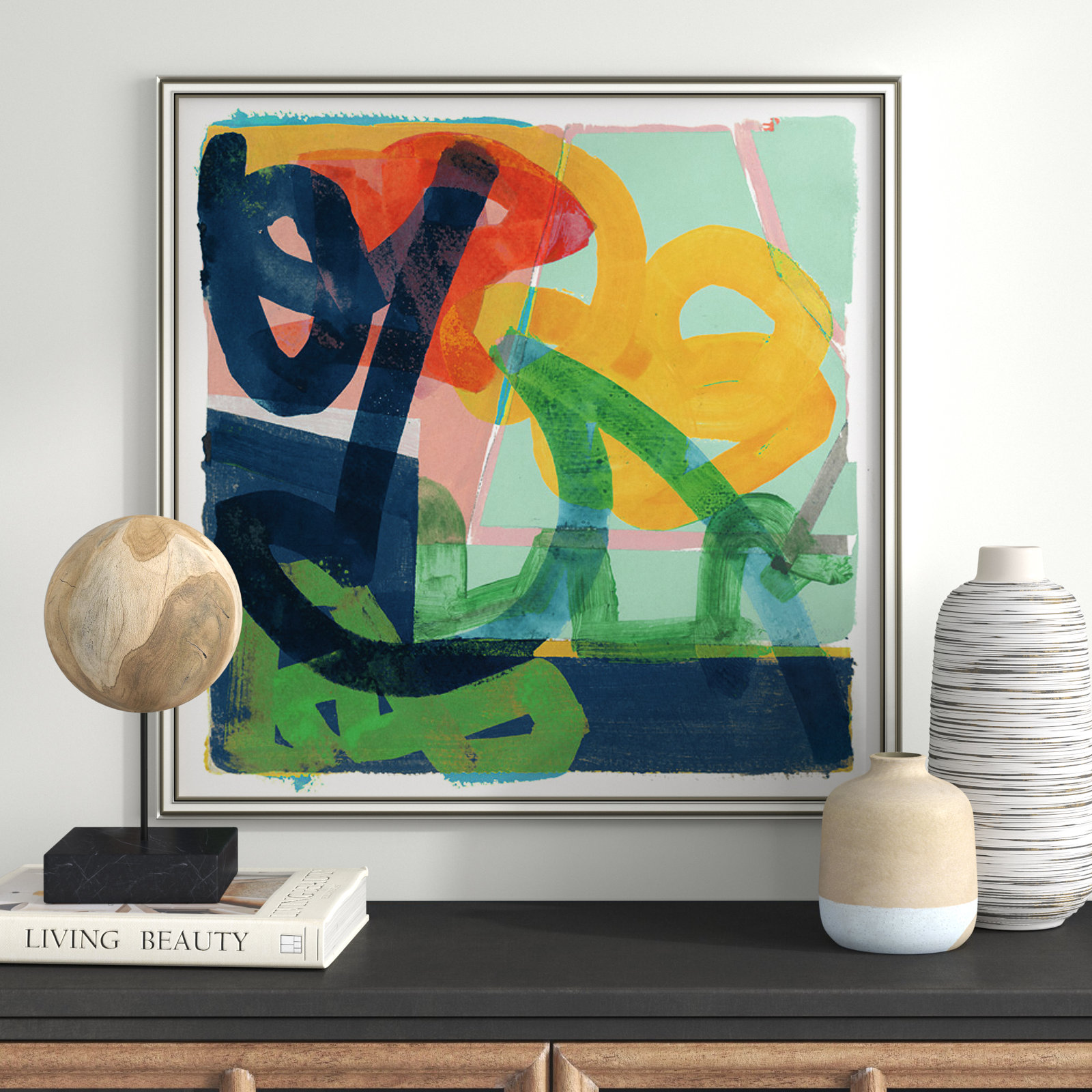 Dwyer "Link" Painting by Cartissi, Silver Framed, 28.75" H x 28.75" W x 0.88" D