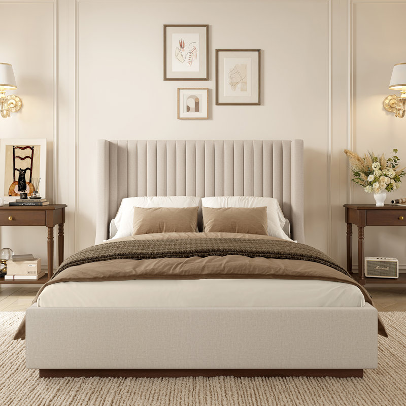 Buzio Upholstered Wood Base Bed, Dark Linen, Queen