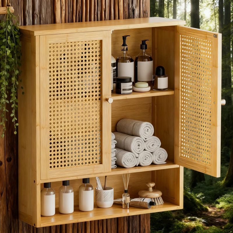 Armoire de salle de bain murale avec tablette réglable, organisateur de rangement de médicaments en rotin au-dessus de la toilette pour la cuisine, le salon, le vestibule