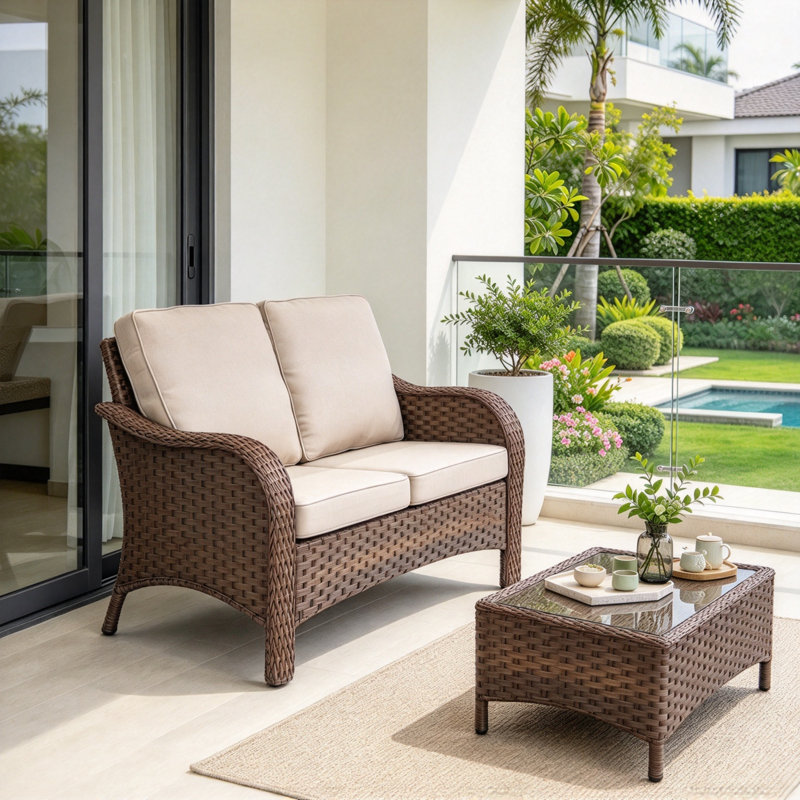 Canapé d'extérieur deux places en résine tressée PE de 126 cm avec coussins d'assise profonds beiges, résistant aux intempéries