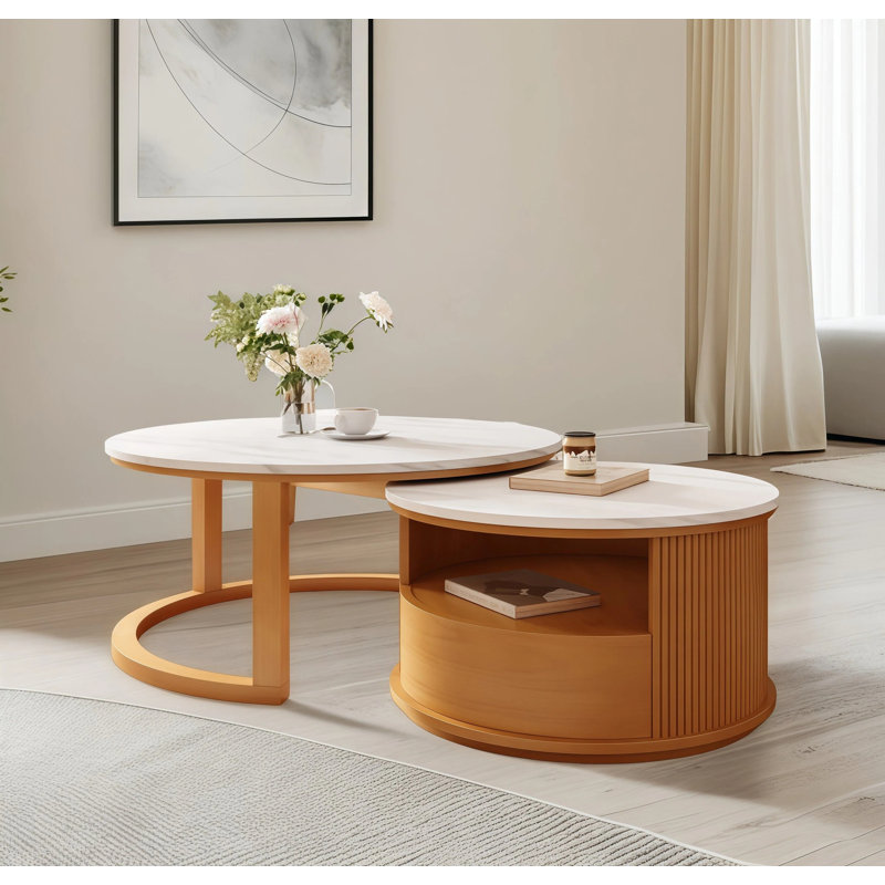 Table basse gigogne moderne 28,5 po avec plateau en marbre blanc, rangement à 2 niveaux et 1 tiroir, naturel