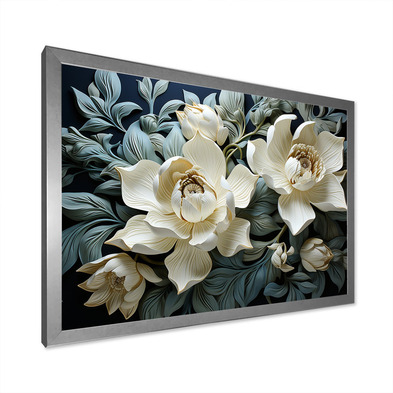 Tulipes blanches et bleues modernes sur toile, H 34 po x l 44 po x P 1,5 po, Cadre simple argenté