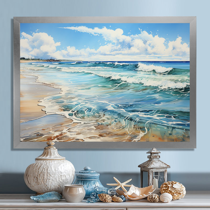 Plage, bord de mer, réflexions, pointillisme I - plage, art mural plage, Cadre flottant blanc, H 12 po x l 20 po x P 1 po