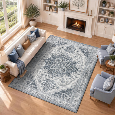 Tapis d'intérieur lavable en machine à motif floral bleu vintage, ultra-doux et à poils courts
