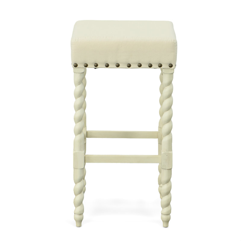 Élégant tabouret de bar crème de 30 pouces avec revêtement en lin et garniture en laiton antique, Blanc vintage