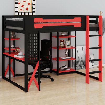Lit mezzanine complet en bois avec bureau, tablettes, prise de courant et éclairage RVB