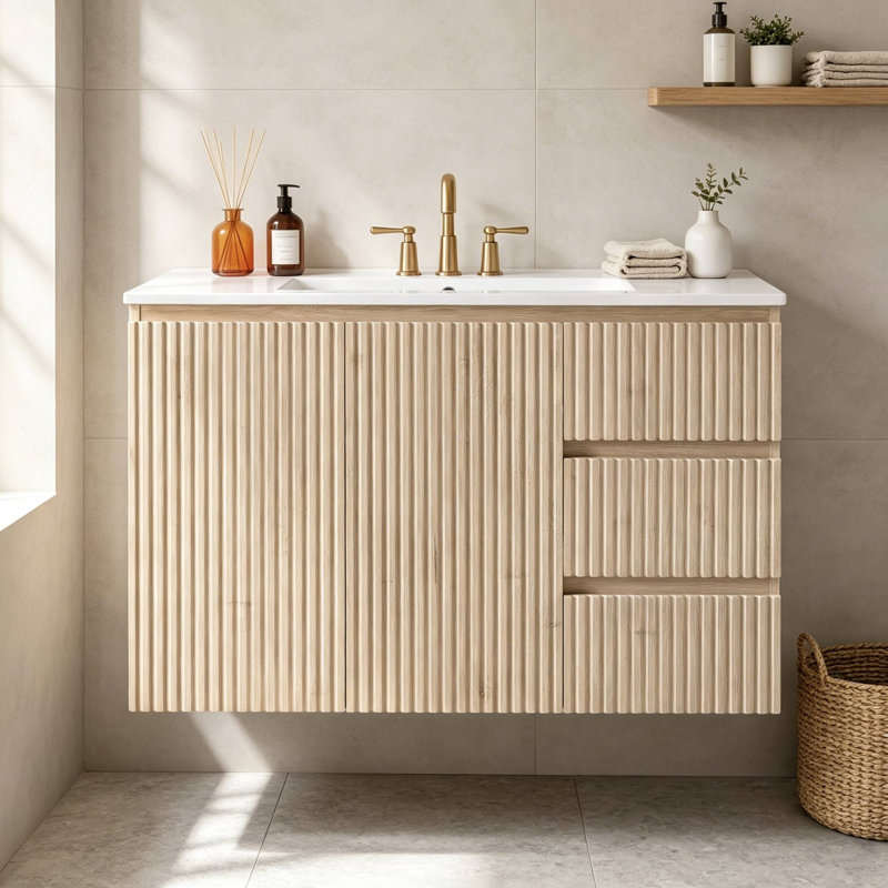 Meuble-lavabo mural simple cannelé de 91 cm (36 po) avec comptoir en céramique, armoire sans poignées, portes et tiroirs à fermeture amortie