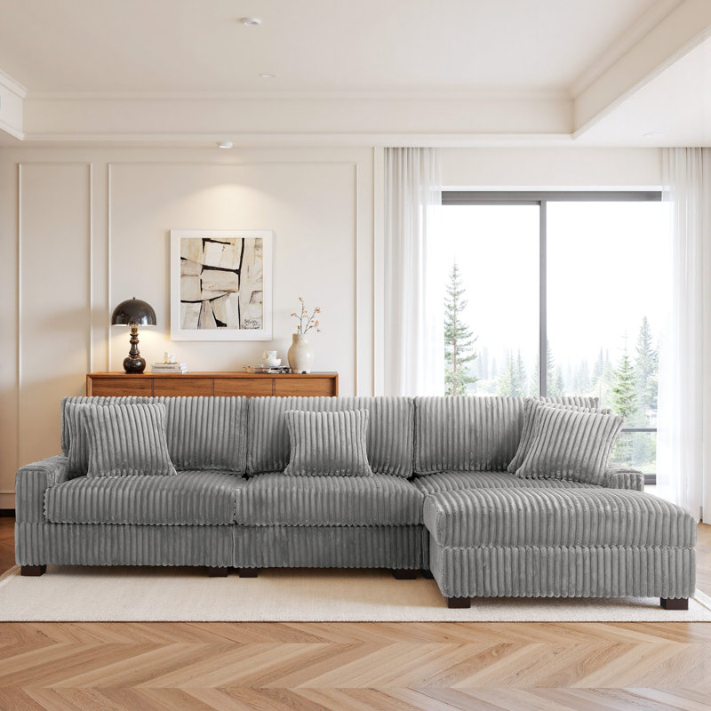 4 Seater Sofa & Chaise, Light Grey Polyester/Foam Padding