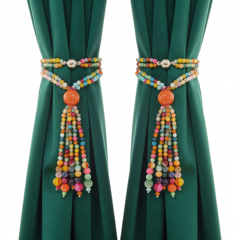 Ensemble de 2 attaches de rideaux magnétiques à pampille Agate, retenues de rideaux en perles colorées faites à la main, attaches de rideaux décoratives pour fenêtre Boho, aucun outil nécessaire