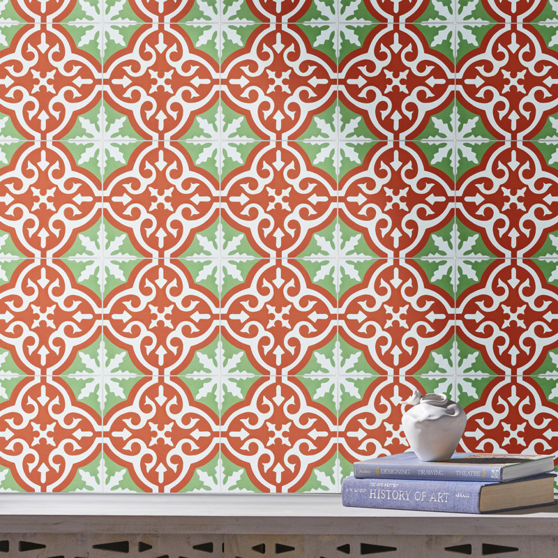 Argana 8" x 8" Cement Patterned Wall & Floor Tile, Red/Green