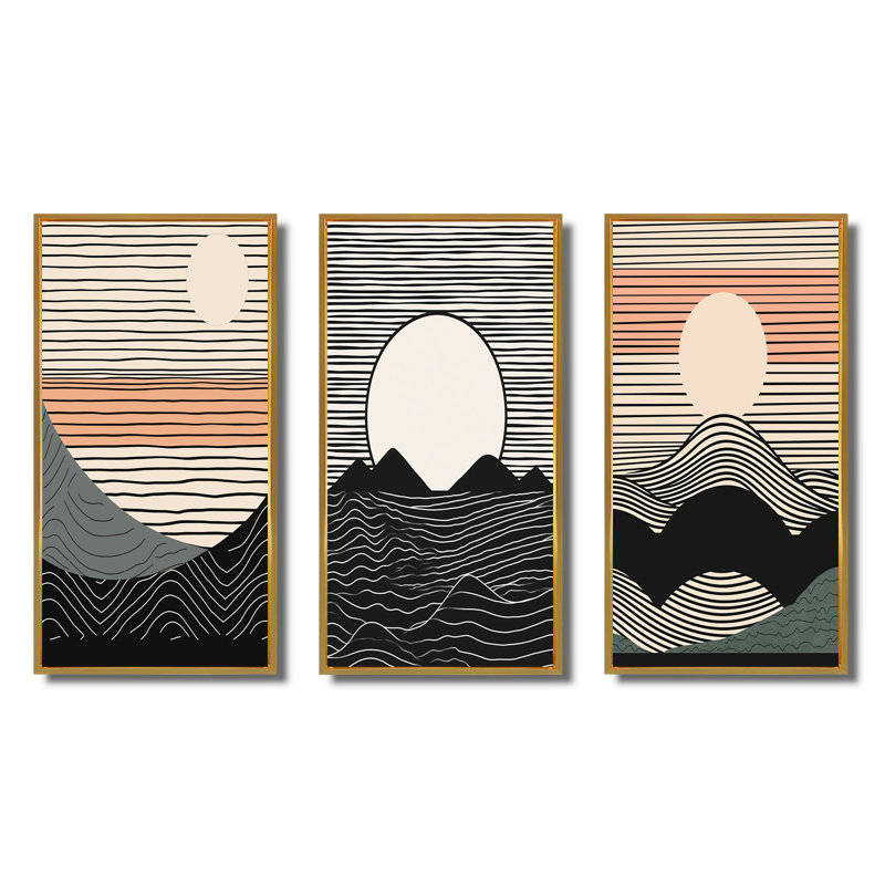 «Simple Horizon», 3 pièces sur toile, Cadre flottant doré, H 32 po x l 48 po