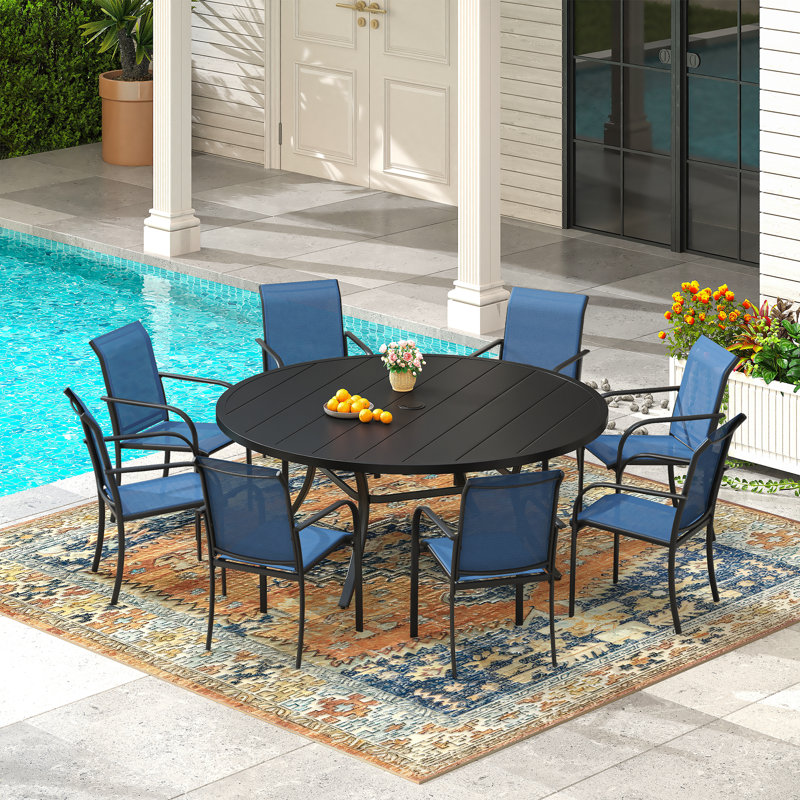 9 Piece Patio Dining Set With 60" Round Table, Black/Blue