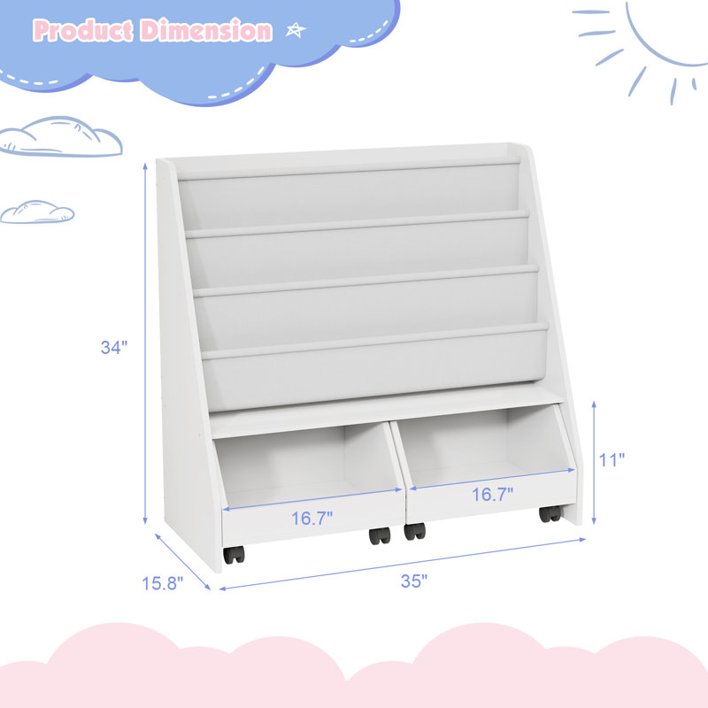 2-in-1 Mobile Storage Shelf - MDF Bookcase with Deep Pockets & Rolling Bins, Multi-Scene Organizer