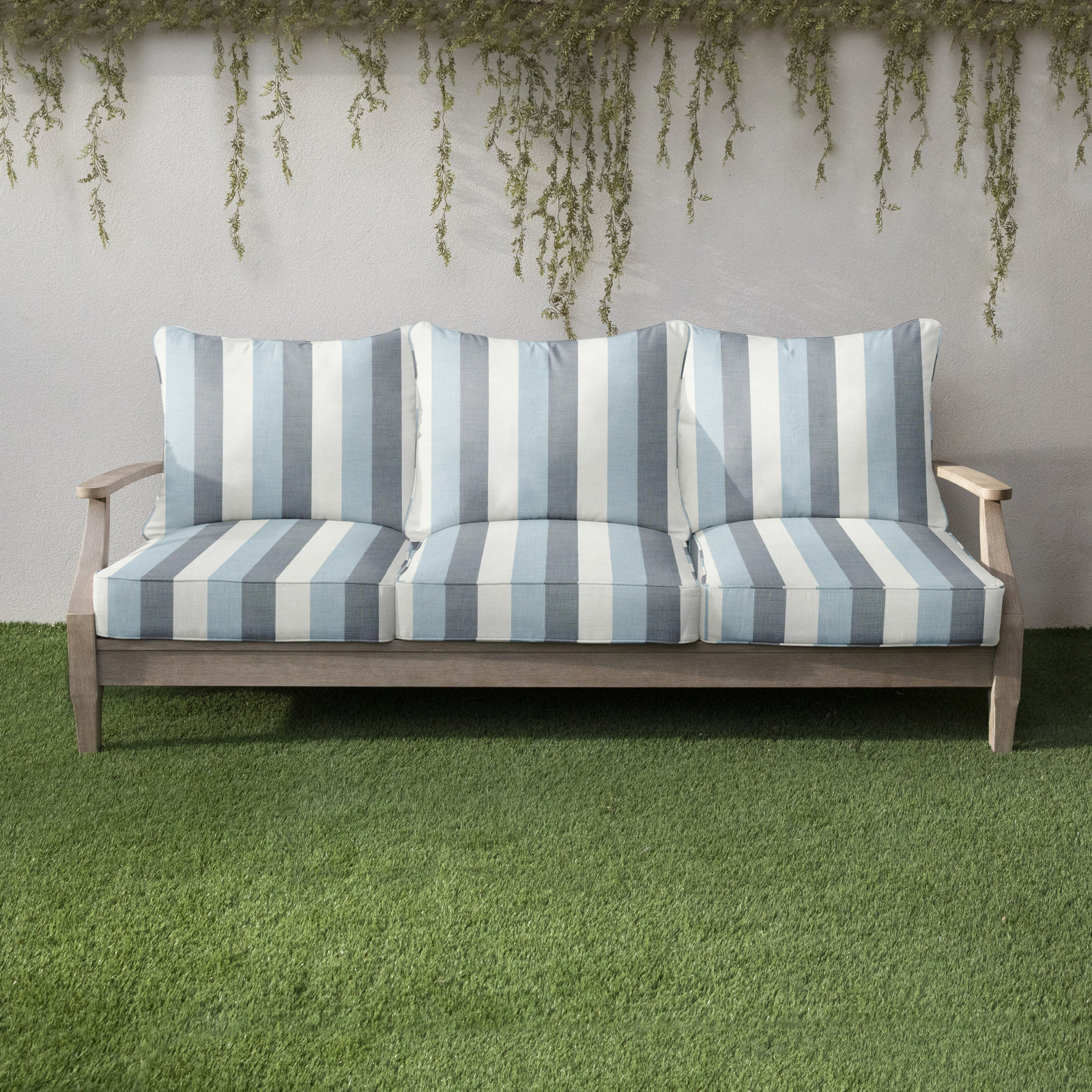 Striped Outdoor Sofa, Sunbrella - Direction Dew, 67.5"W x 22"H x 5"D