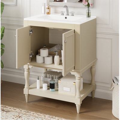 24 Inch Modern Luxury Bathroom Vanity With Ceramic Sink, Bathroom Cabinet With Open Shelf And Closed Storage