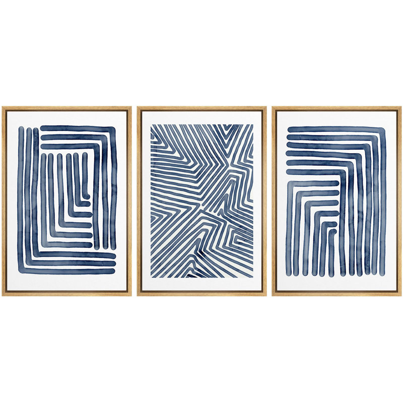 Geometric Line Navy Blue Stripe Abstract Boho Mid-Century Modern Frame Canvas 3 Piece Print Wall Art, 36" H x 72" W x 1.5" D