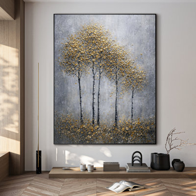 Très grand imprimé sur toile - Élégante feuille d'or forêt avec des accents métalliques et art mural gris doux pour le salon ou la chambre à coucher - «Assemblage requis du cadre (cadre non fini)»
