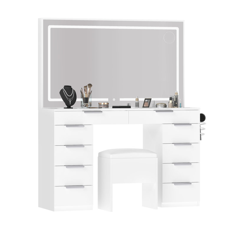 Table de coiffeuse avec lumières DEL et 3 réglages de couleur, Blanc