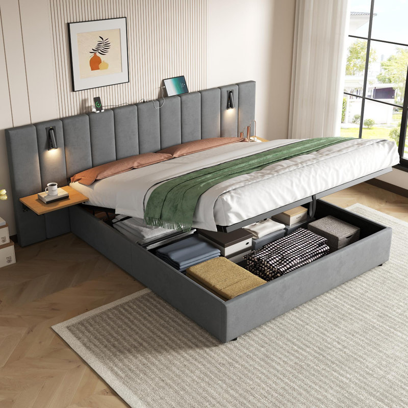 Upholstered Bed With Headboard And Adjustable Bedside Shelf Grey, Kingsize (5')