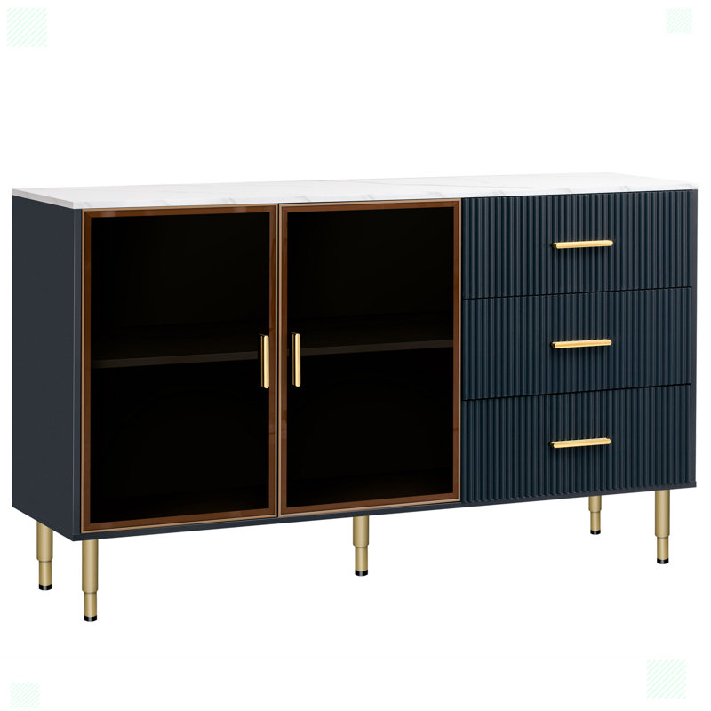 Modern Sideboard MDF Buffet Cabinet Marble Sticker Tabletop and Amber-yellow Tempered Glass Doors with Gold Metal Legs & Handles