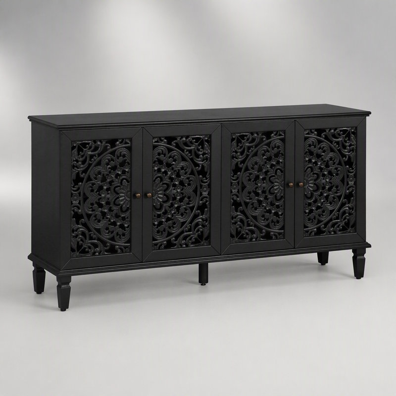 Buffet antique de 60 pouces avec sculptures florales, pieds en bois massif, tablettes réglables et poignées en laiton pour un rangement et une présentation élégants