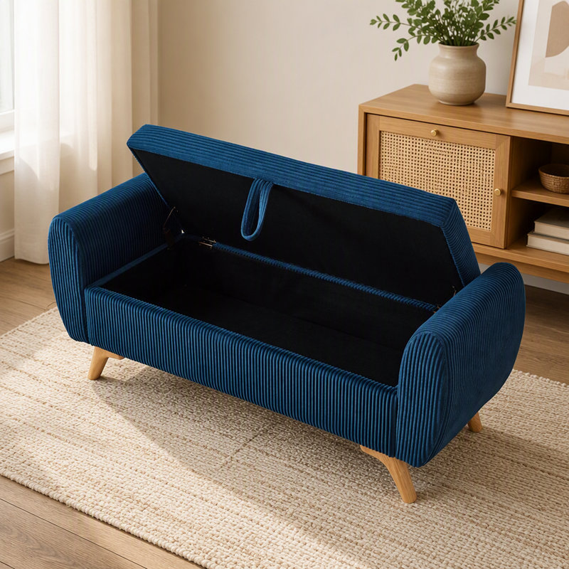 Banc de lit moderne en velours côtelé avec rangement dissimulé et pieds en bois massif, Bleu, Bleu