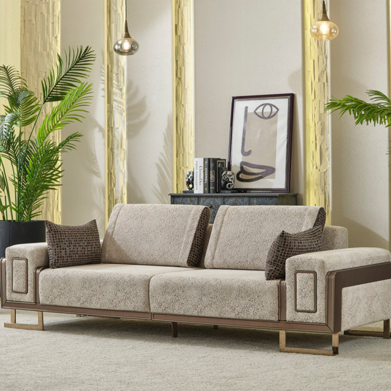 Beige and Brown Textured Fabric 5-Piece Living Room Set with Gold Metal Legs