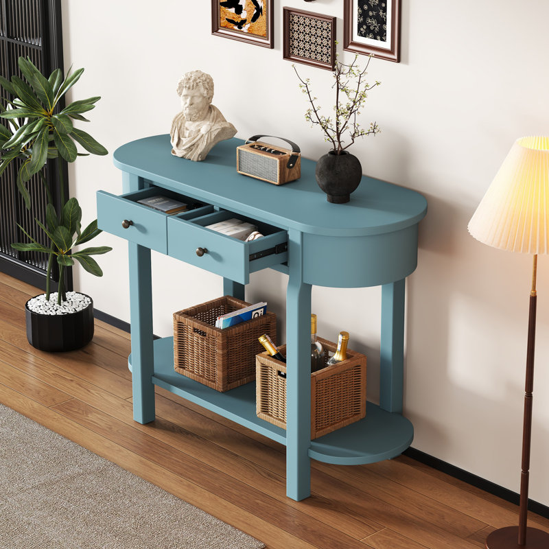 Elegant Retro Console Table with Curved Design and Smooth Glaze for Entryways, Living Rooms and hallways, Turquoise Green