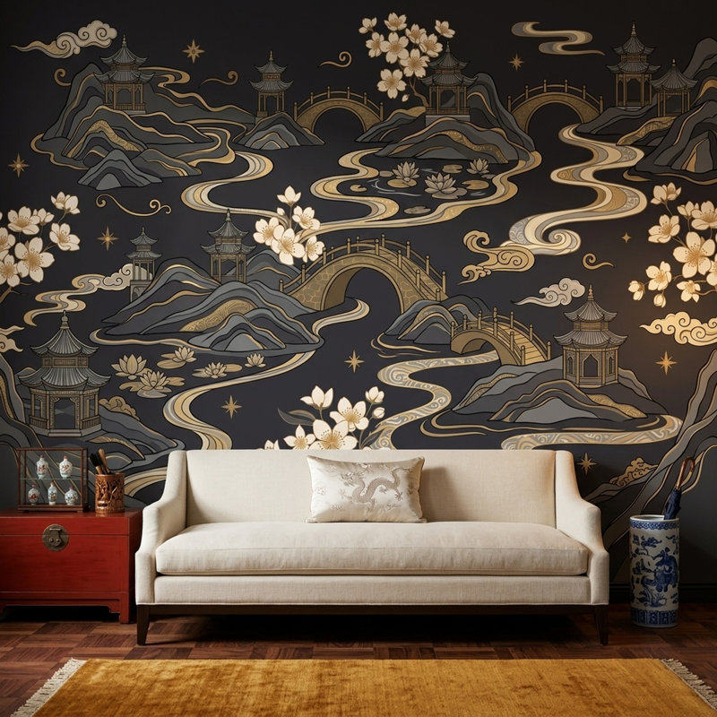 Papier peint paysage oriental East Pagodas, 100 po x 96 po, Peler et coller