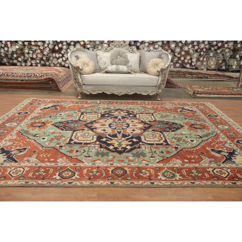 Tapis vert en coton 12 pi 2 po x 9 pi 1 po One-of-a-Kind