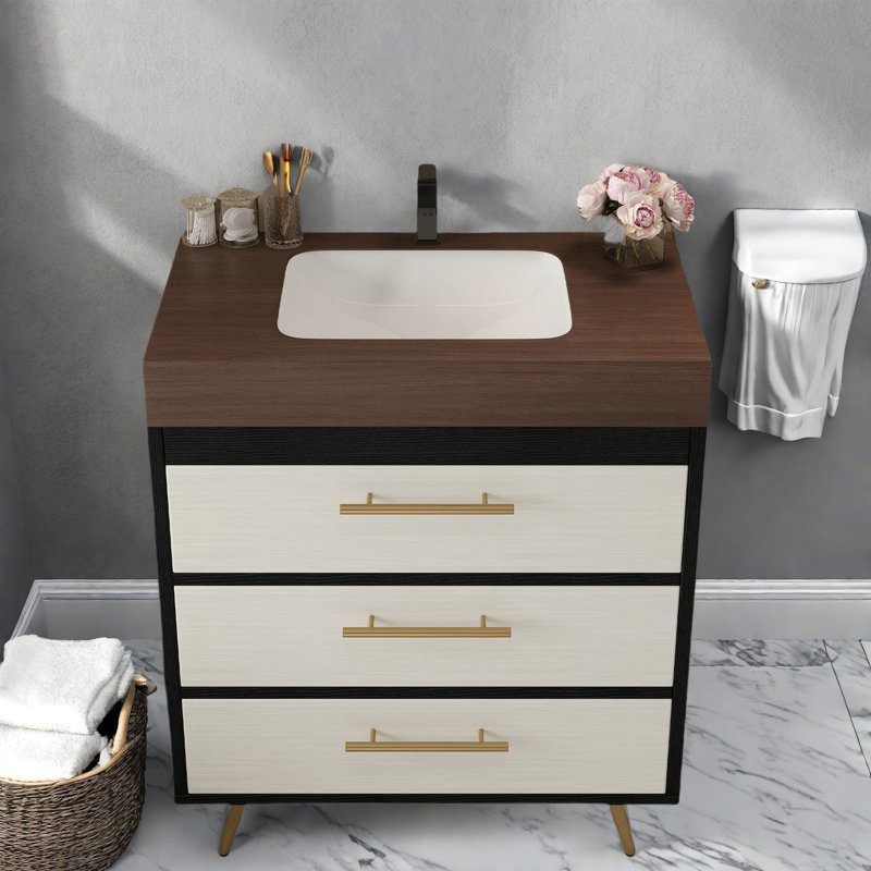 Meuble-lavabo moderne avec meuble-lavabo, lavabo, plateau en marbre et rangement spacieux