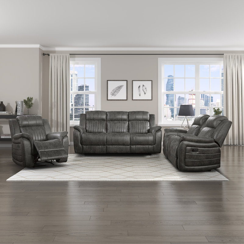 Brasilia Modern & Contemporary Polished Microfiber Manual Double Reclining 3-Piece Living Room Set with Center Console & Metal Reinforced Frame