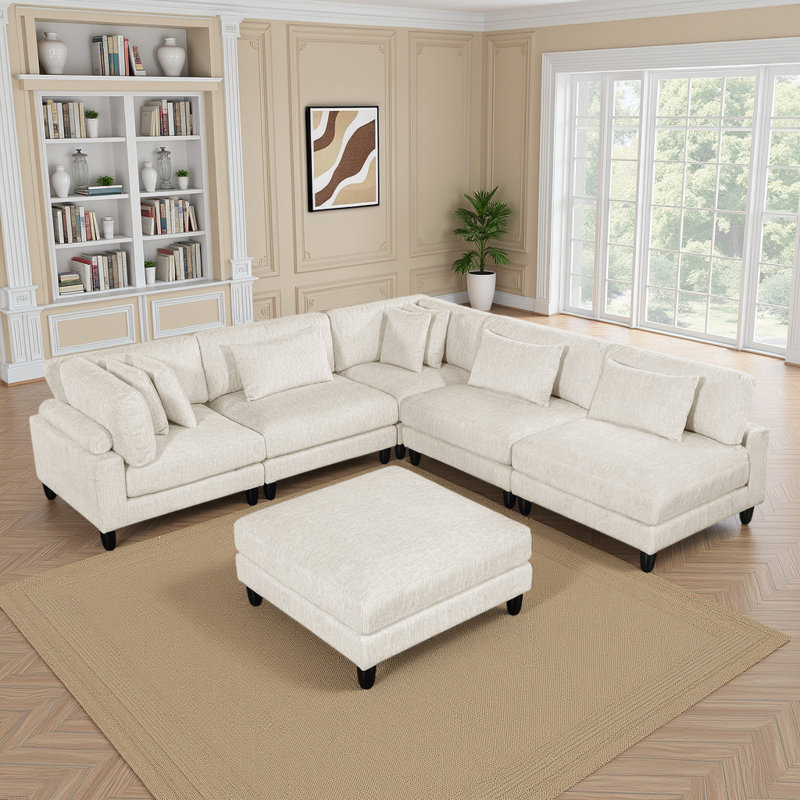  Loowit 120" Modern & Contemporary Corduroy 6-Piece Modular Sectional with Ottoman & 7 Matching Pillows, Beige Microfiber