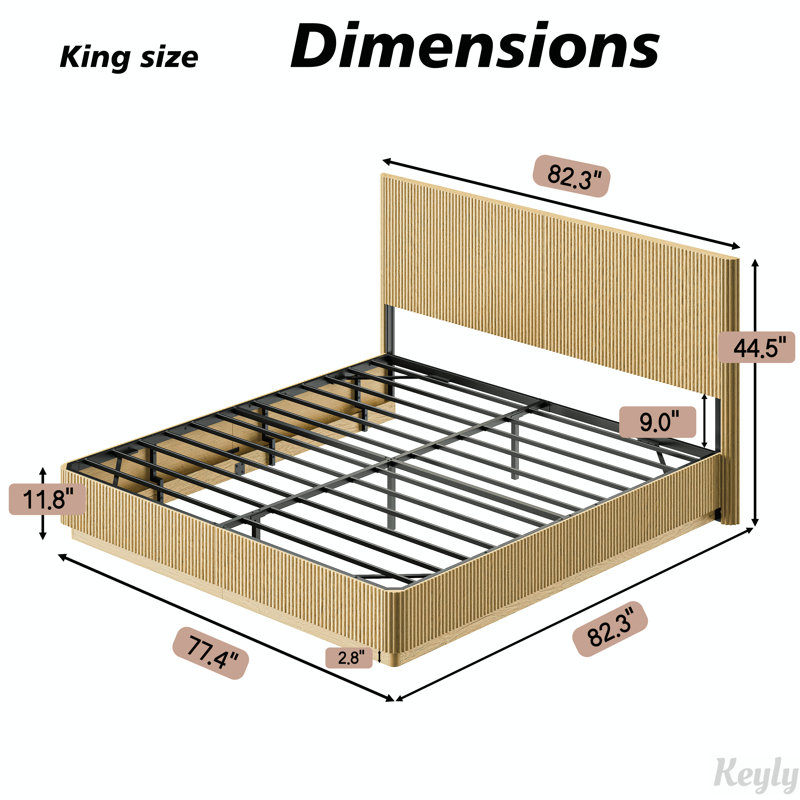 Structure de lit moderne en bois avec lumières DEL, lignes courbes ondulées et conception à rainures convexes, Très grand lit