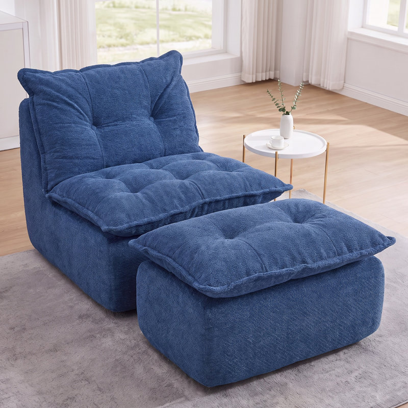 Chaise longue rembourrée avec repose-pieds mobile, canapé douillet d'intérieur , Bleu
