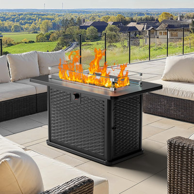 43" Outdoor Fire Pit Table with Glass Rocks, Rain Cover and Glass Wind Guard
