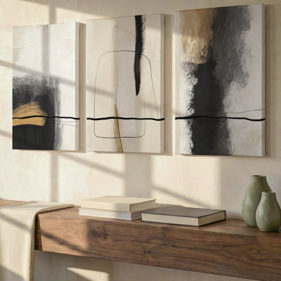 3 Pieces Exculisive Beige Black and Gold Abstract Large Wall Art Minimalist Neutral Lines Canvas Art, Canvas Decor for Living Room, Bedroom and Office