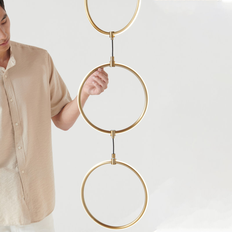 74" Modern Industrial Arched LED Floor Lamp with Gold Brass Finish, Hanging Ring Lights, and Built-In 3-Way Dimmer, Integrated Lighting