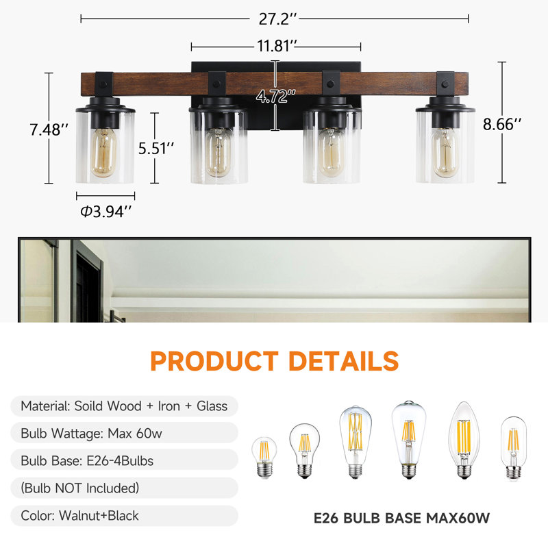 4 Light Dimmable Bathroom Vanity Lights, Moisture-Resistant Solid Wood & Black Metal, Clear Glass Shades, Industrial Style, 4