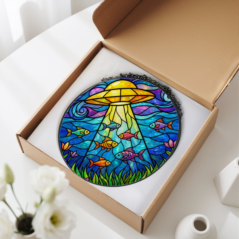 7.8"H Ufo Fish Stained Glass Window Panel, 7.8" H x 7.8" W