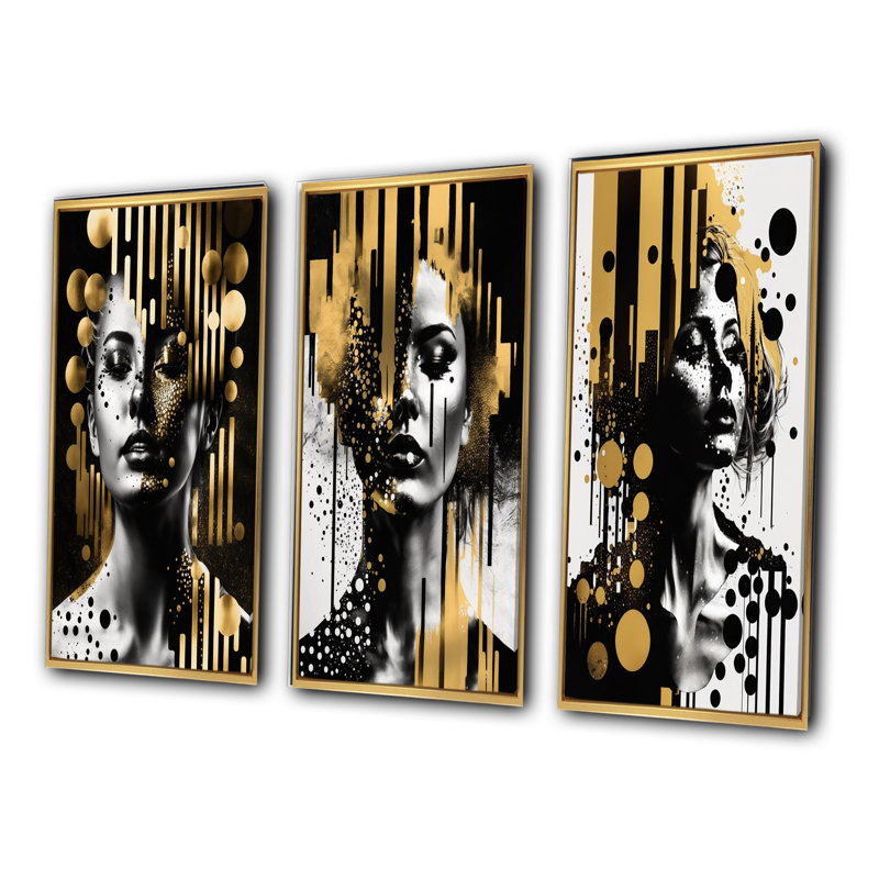 «Golden Fluidité de la féminité», 3 pièces sur toile, Cadre flottant doré, H 20 po x l 36 po