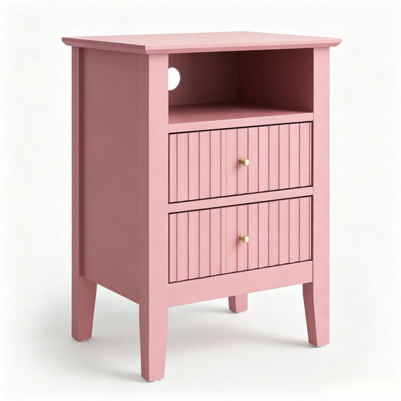 Ensemble de 2 tables de chevet cannelées roses avec 2 tiroirs et tablette ouverte, tables de chevet modernes, Rose, 2