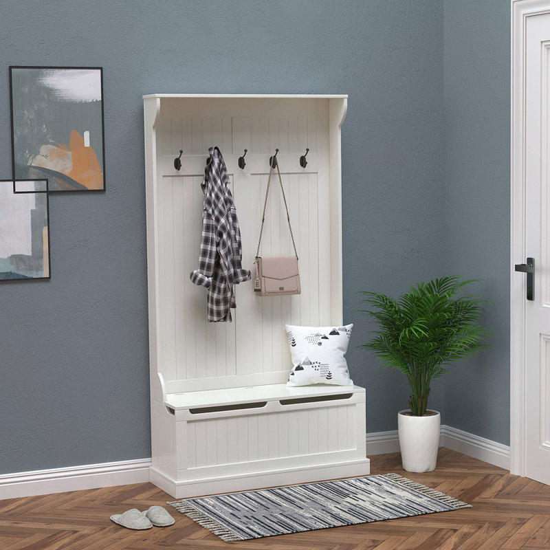 Arbre d'entrée blanc crème avec banc de rangement, crochets en bois massif et bois manufacturé