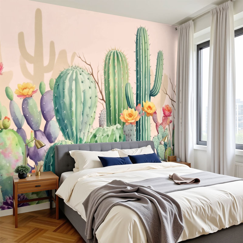 Papier peint adhésif peler et coller Cactus Garden Vibrant Floral Blooms Soft Pastels, papier peint amovible en PVC, H 100 po x l 144 po, pour chambre à coucher, bureau à domicile