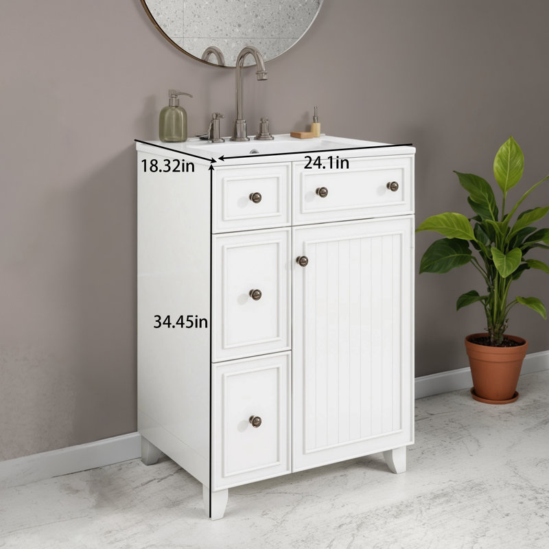 24" Bathroom Vanity With Ceramic Sink | 2 Drawers + 1 Door Practical Storage