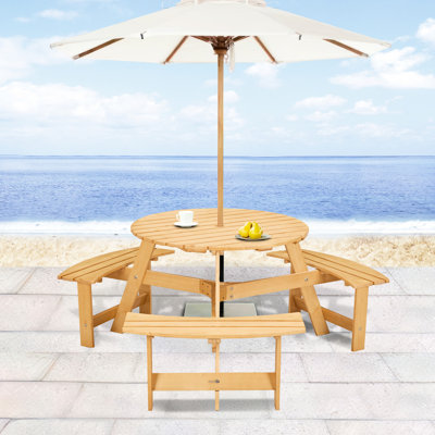 Natural Wood Picnic Table For 6 - , Spacious Benches, Perfect Backyard And Porch Person With 3 Built-In Benches Umbrella Hole. Wood, Waterproof Surface Backyard, Garden, Patio