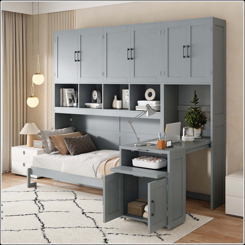 Lit escamotable simple avec placard, gris